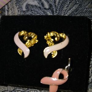 Vintage Breast Cancer Charm &  Earrings Dated N.i.B